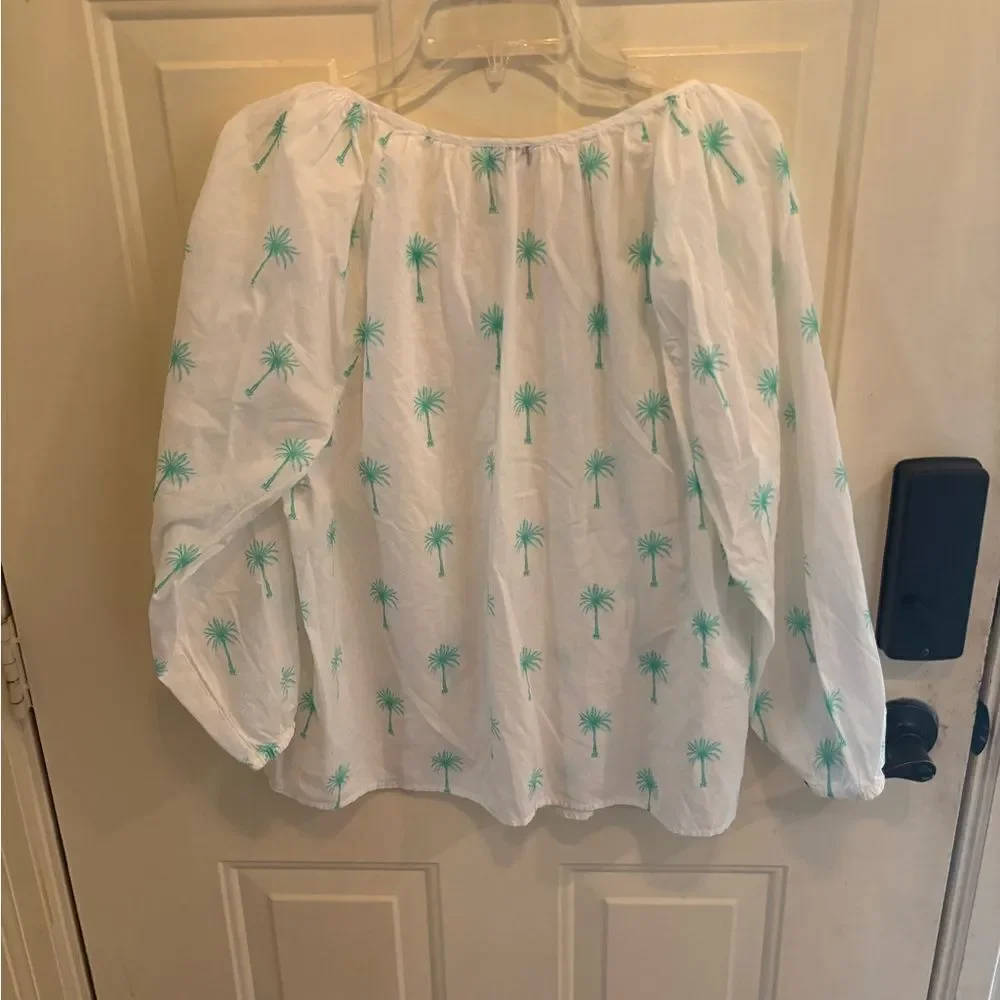 J. Crew White and Green Palm Tree Print Blouse